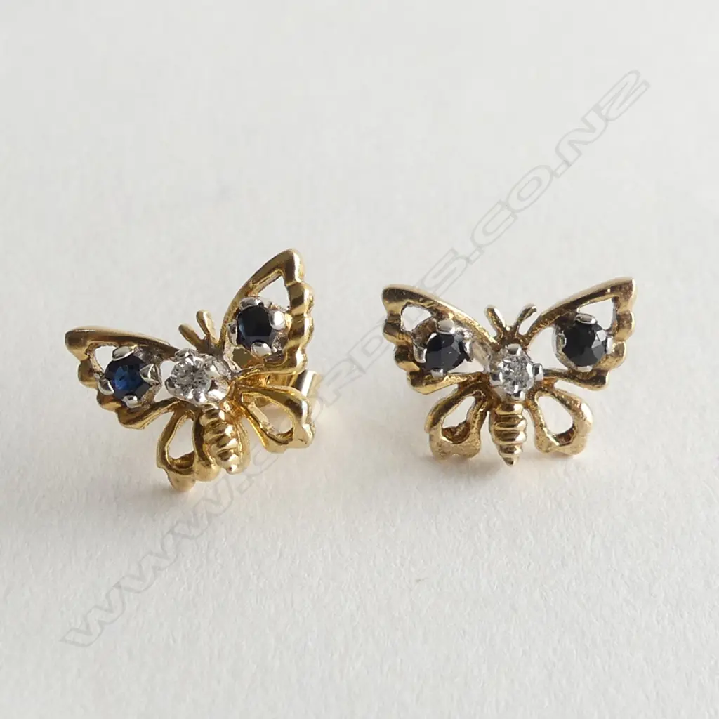 PR 9ct. GOLD, DIAMOND & SAPPHIRE BUTTERFLY EARRINGS Image 1++