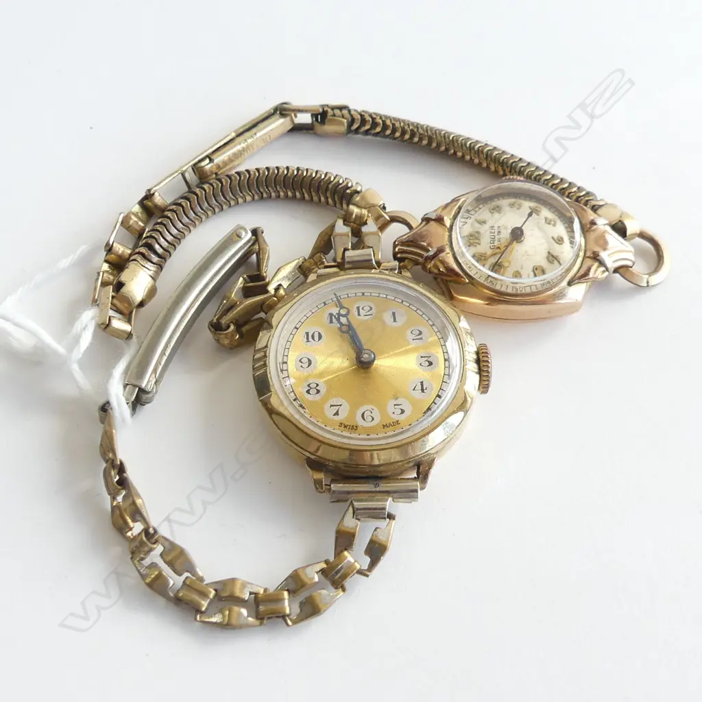 2 VINTAGE WOMEN'S GOLD PLATED WATCHES GRUEN & 'SWISS'. Running Image 1++