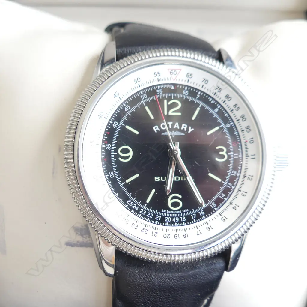 SWISS ROTARY WATCH - BLACK LEATHER STRAP. IN ORIGINAL BOX - WORKING Image 1++