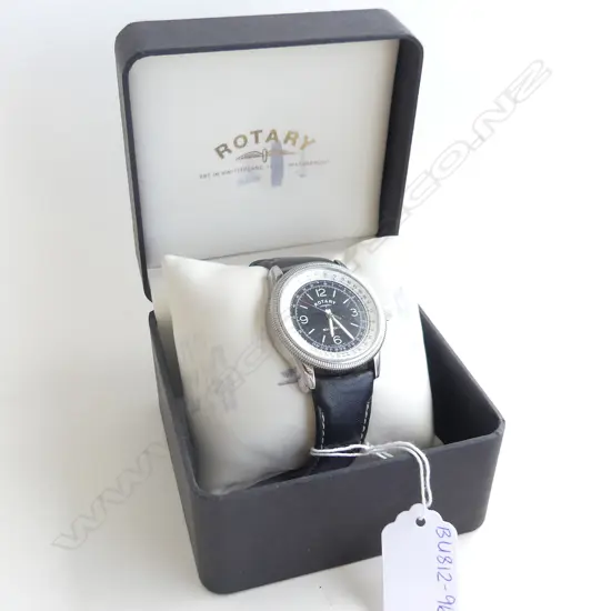 SWISS ROTARY WATCH - BLACK LEATHER STRAP. IN ORIGINAL BOX - WORKING