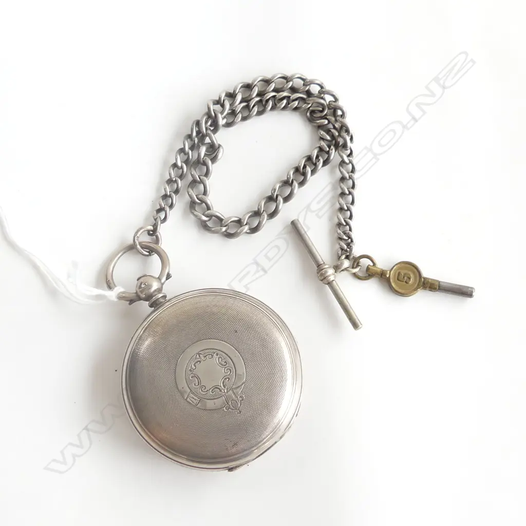 ANTIQUE SILVER FULL HUNTER POCKET WATCH (AF) AND SILVER WATCH CHAIN Image 1++
