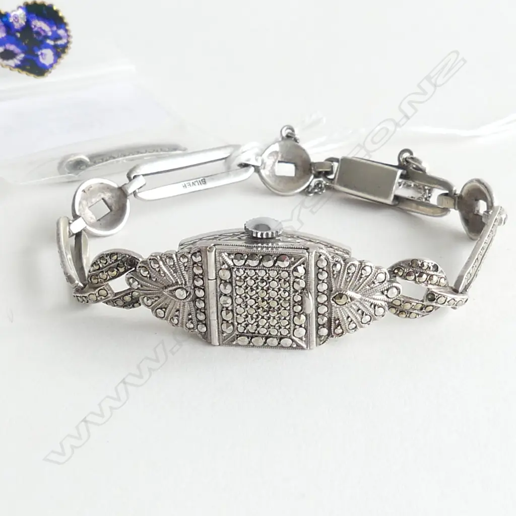 ART DECO BERNEX SILVER MARCASITE WATCH WTH SPARE LINK FOR STRAP **RTV** Image 1++