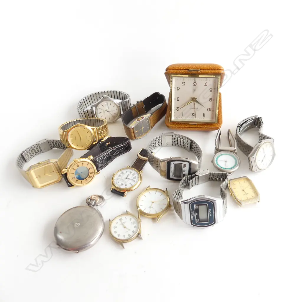 BAG ASST OLD MENS WATCHES & TRAVEL CLOCK & POCKET WATCH Image 1++