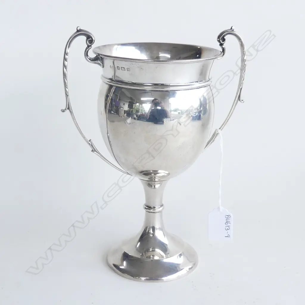 UNENGRAVED STERLING TROPHY CUP, HALLMARKED BIRMINGHAM 1925, H.230m.  337gms Image 1++