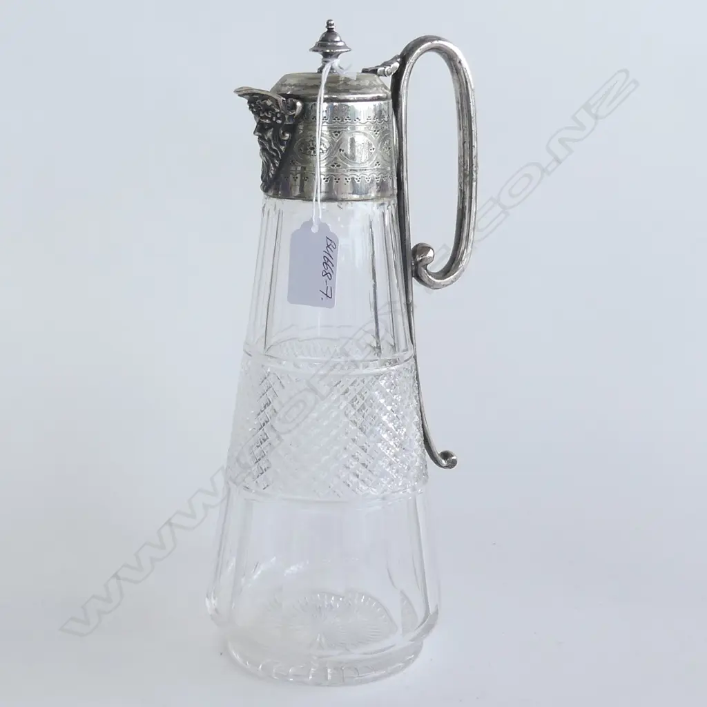 EDWARDIAN SILVER PLATE & CUT CRYSTAL WINE EWER H.280mm Image 1++