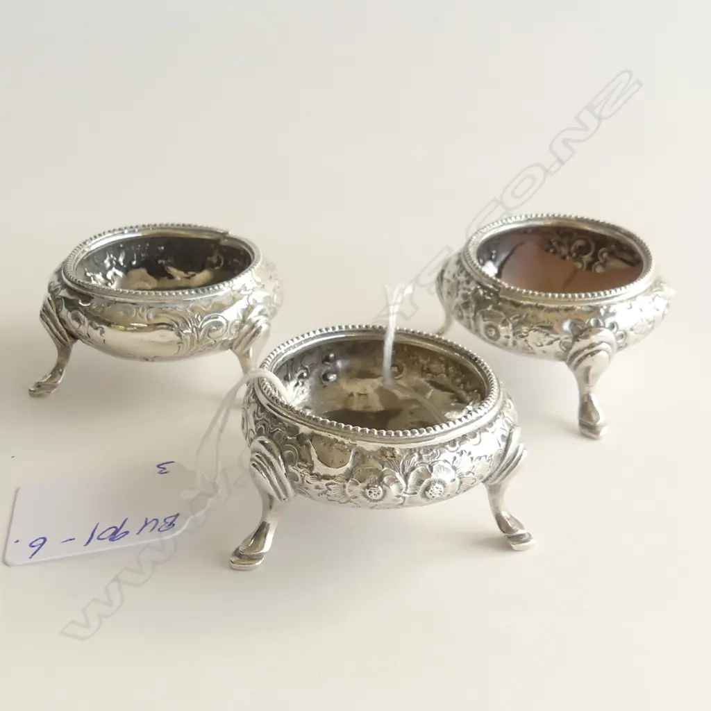 SET 3 VICTORIAN 1862 SILVER SALTS. EMBOSSED. 94gms small faults Image 1++