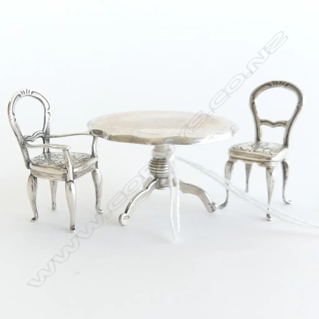 DUTCH .835 SILVER MINIATURE TABLE & 2 CHAIRS 39gm. Image 1++