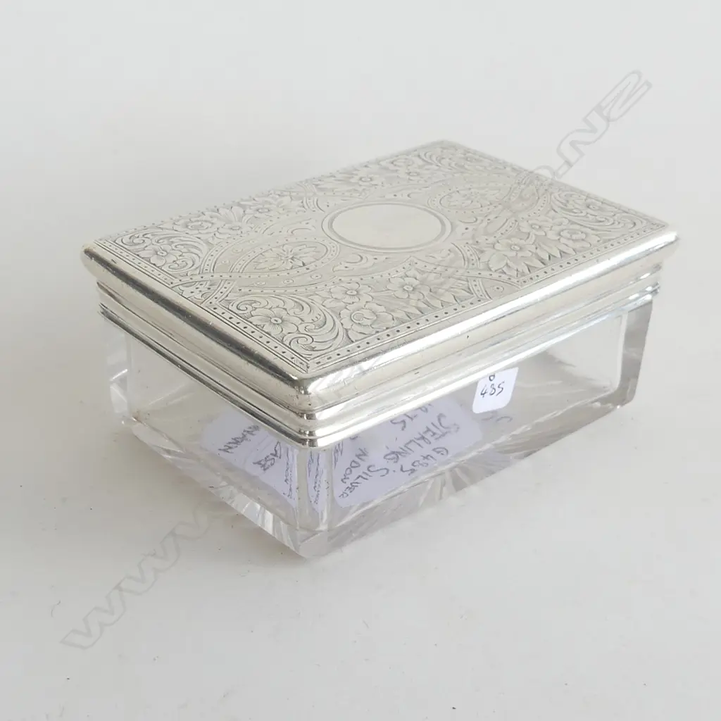 VICTORIAN SILVER TOPPED CUT GLASS VANITY BOX engraved floral panels Image 1++