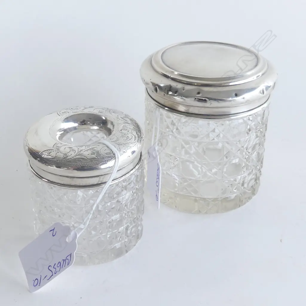 2 c.1900 SILVER TOPPED CUT CRYSTAL VANITY JARS, tallest 88mm Image 1++