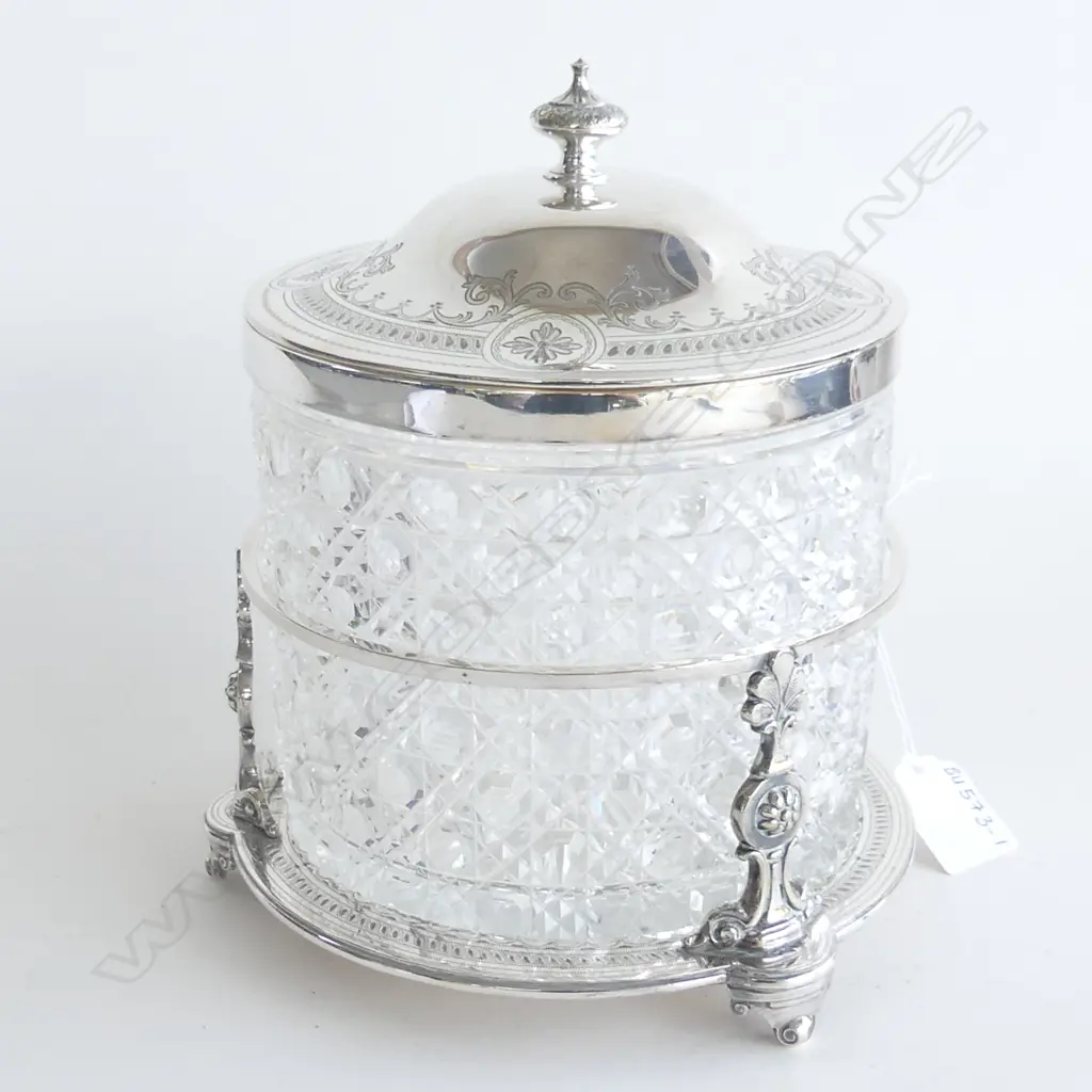 VINTAGE ICE BUCKET; ORNATE SILVER PLATE STAND & LID WITH CUT GLASS EP RImmED BUCKET H.220mm Image 1++