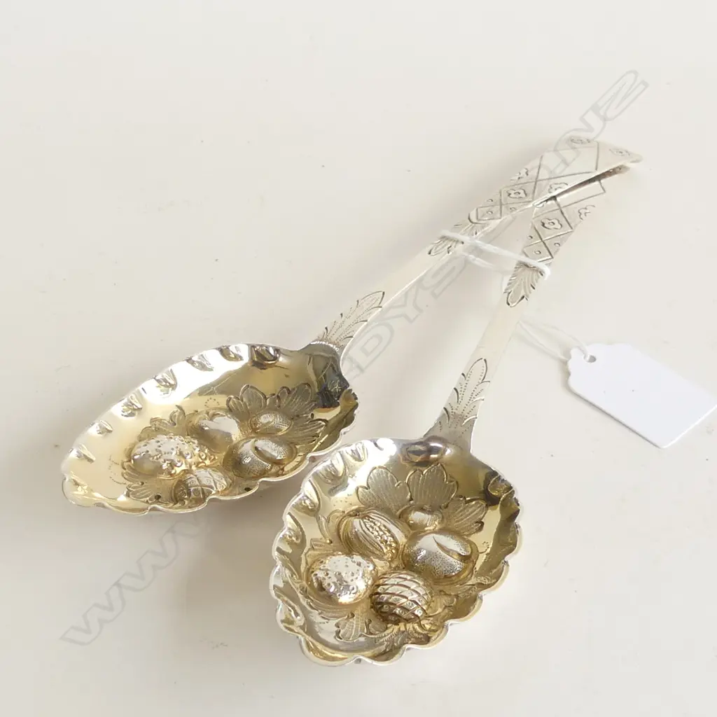 PR VICTORIAN SILVER BERRY SPOONS the bowls deeply fruit embossed & gilded Image 1++