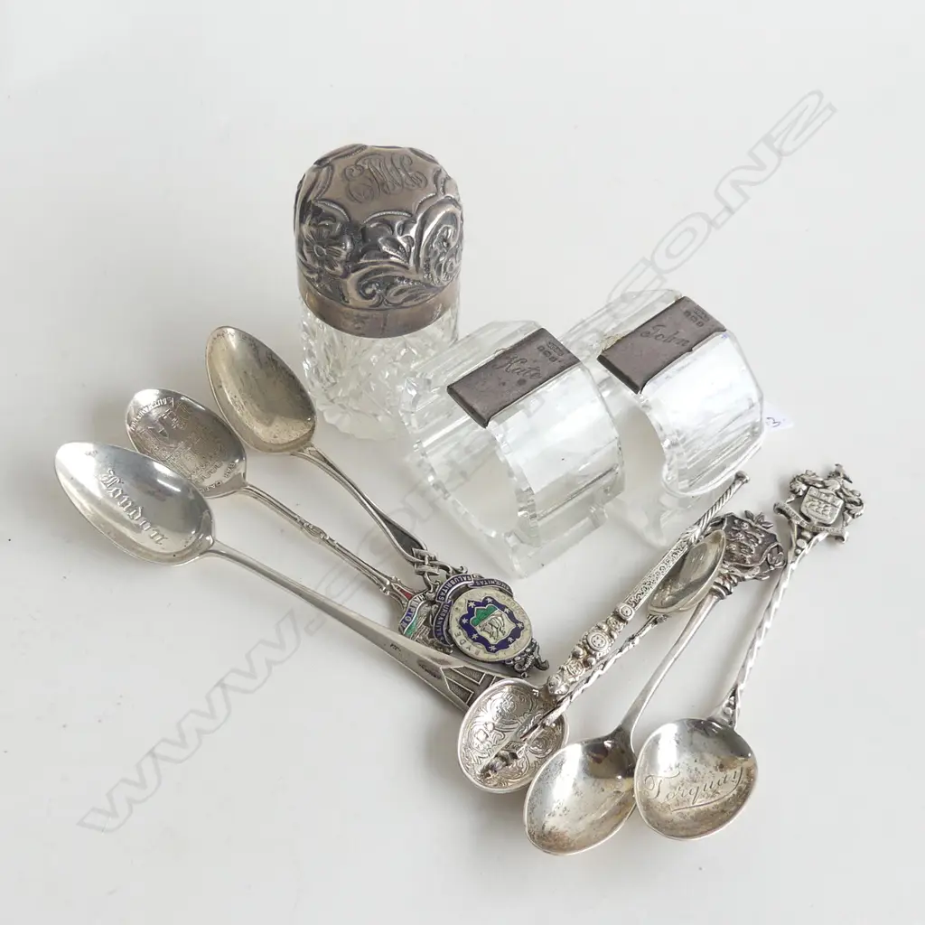7 STG TEASPOONS 86gm. & 2 CRYSTAL & STG NAPKIN RINGS & STG TOPPED CRYSTAL BOTTLE Image 1++