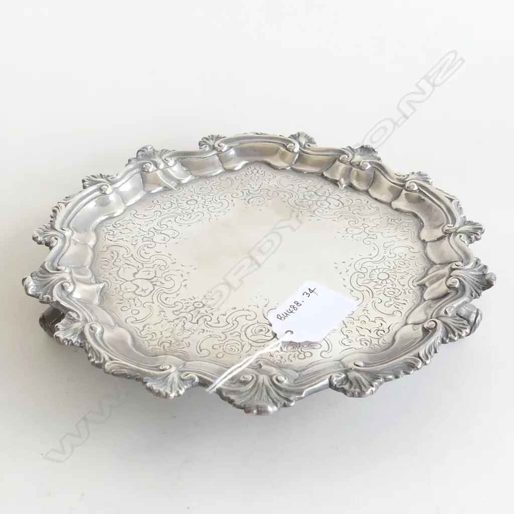 VICTORIAN SILVER WAITER LONDON 1850, C.T & G. Fox. Piecrust rim w husk & scroll border. Dia.195mm. 394gm. Image 1++