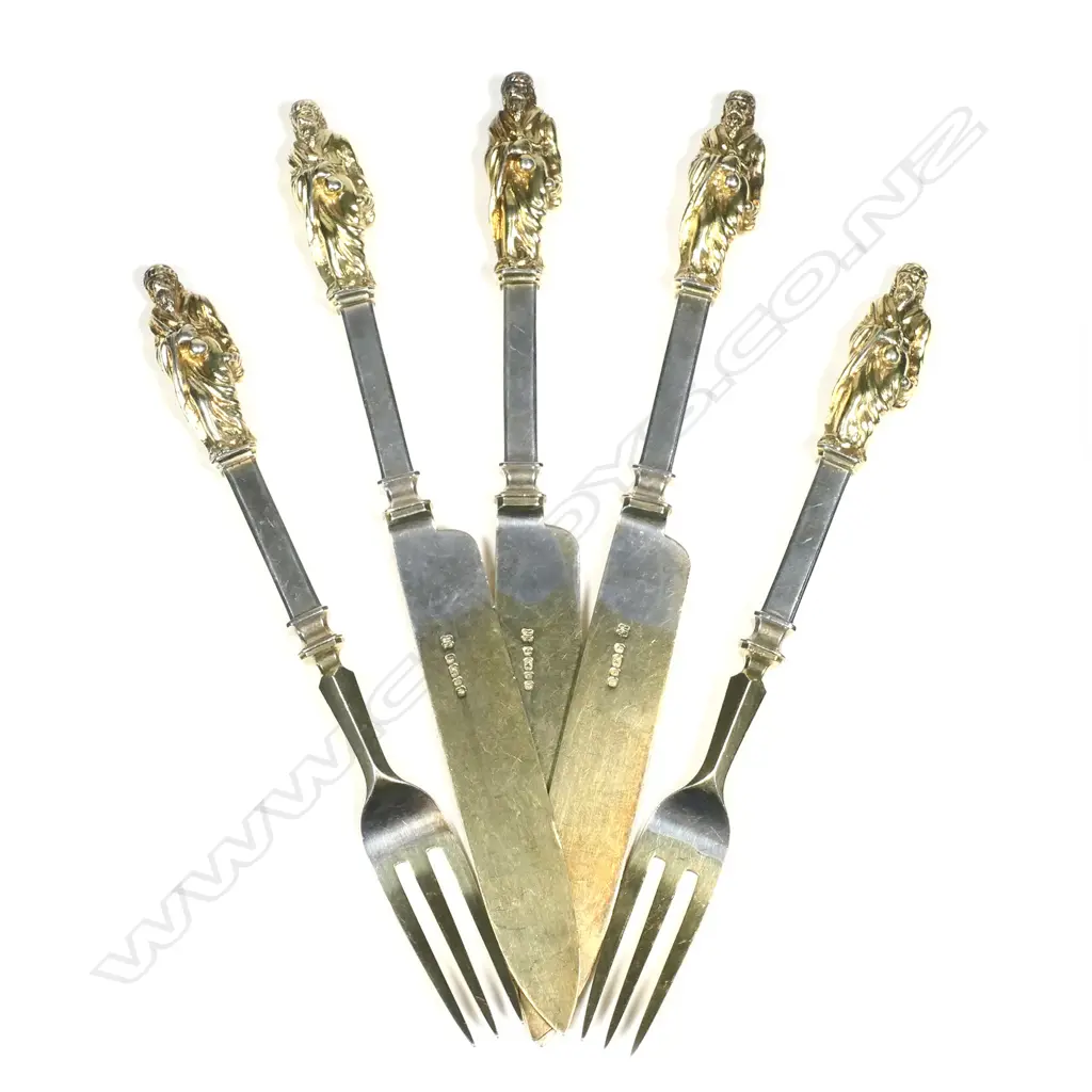 Three Victorian silver impressive & heavy Apostle knives and two matching forks Image 1++