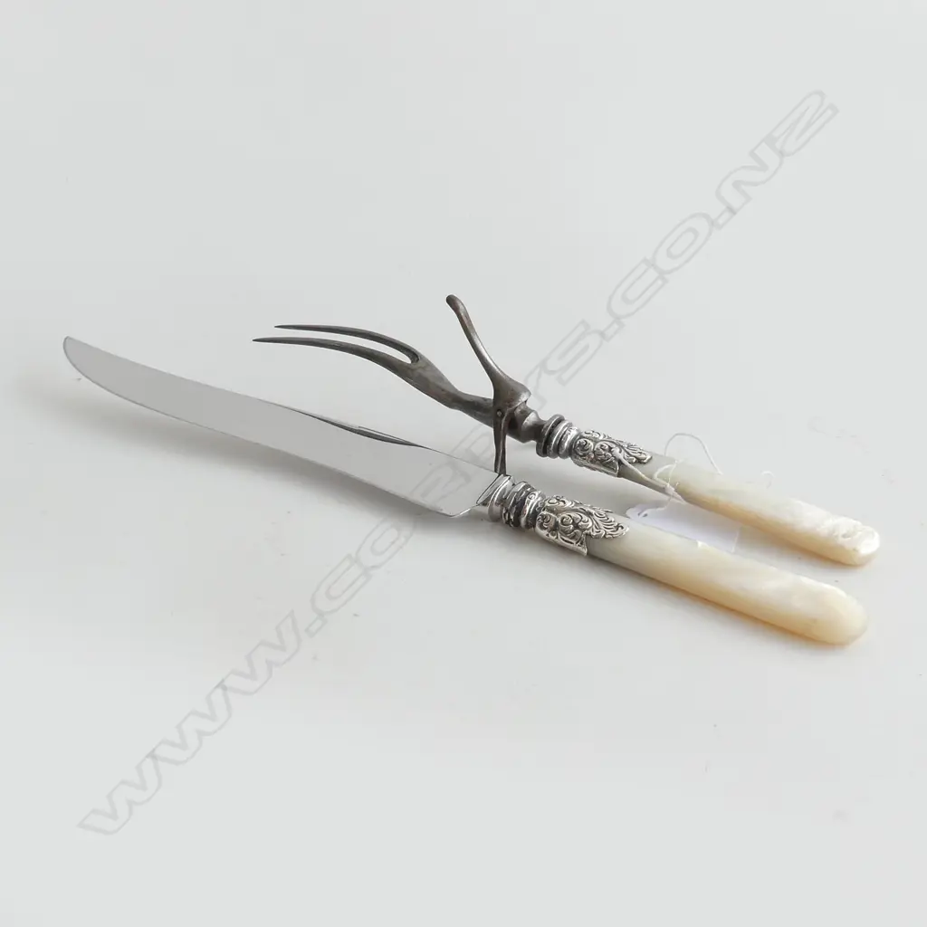 MOP & STG SILVER MOUNTED CARVING KNIFE & FORK, STAMPED 'STERLING' L.3210mm Image 1++