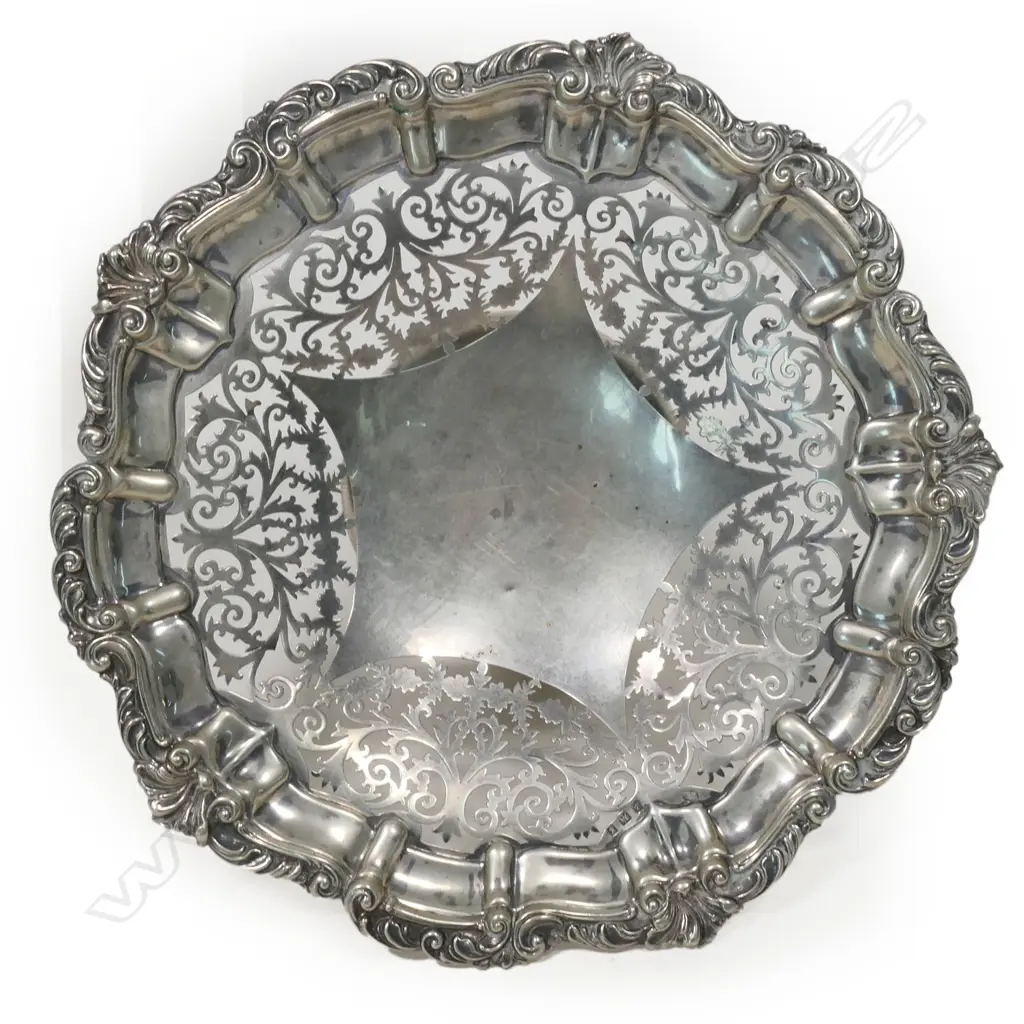 SILVER COMPOTE PIERCED TRAY pedestal base 498gms. Birmingham 1906 Image 1++