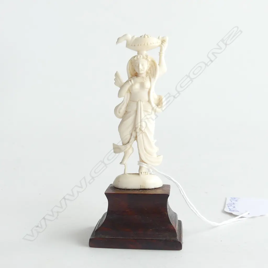 IVORY CARVED FIGURINE OF FEMALE SNAKE CHARMER, ON WOODEN MOUNT H.100mm Image 1++