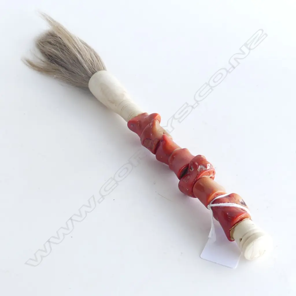 CHINESE BONE & CORAL HANDLED CALIGRAPHERS BRUSH Image 1++