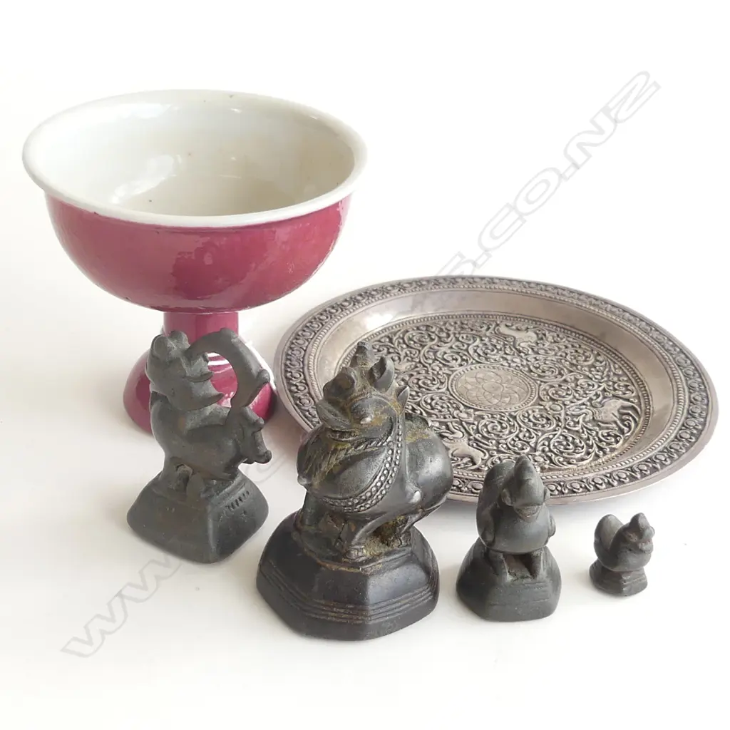 QING PEACH BLOOM STEM CUP (TINY CHIP), BURMESE GOLD WEIGHTS & SMALL BURMESE SILVER TRAY Image 1++