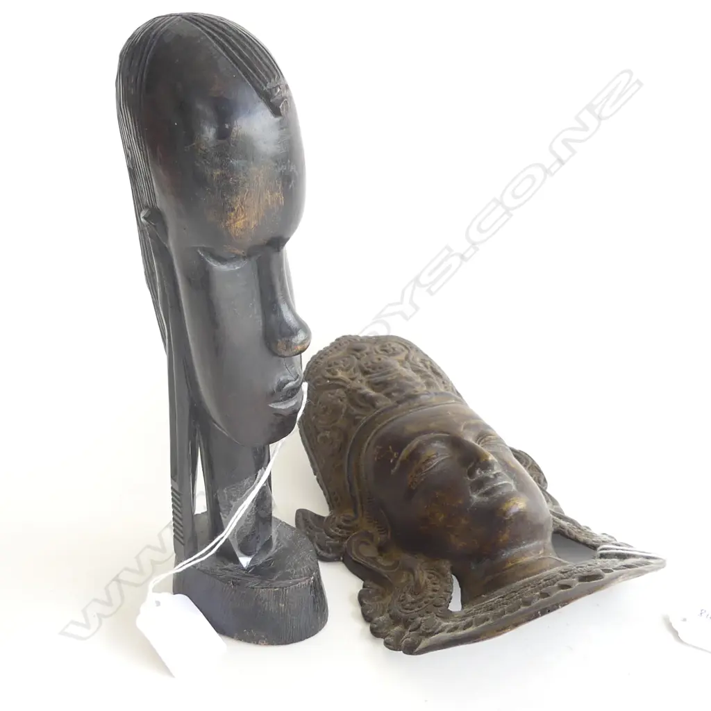 BRONZE WALL PORTRAIT BUST of BUDDHA & AFRICAN EBONY CARVED BUST, H.235mm Image 1++