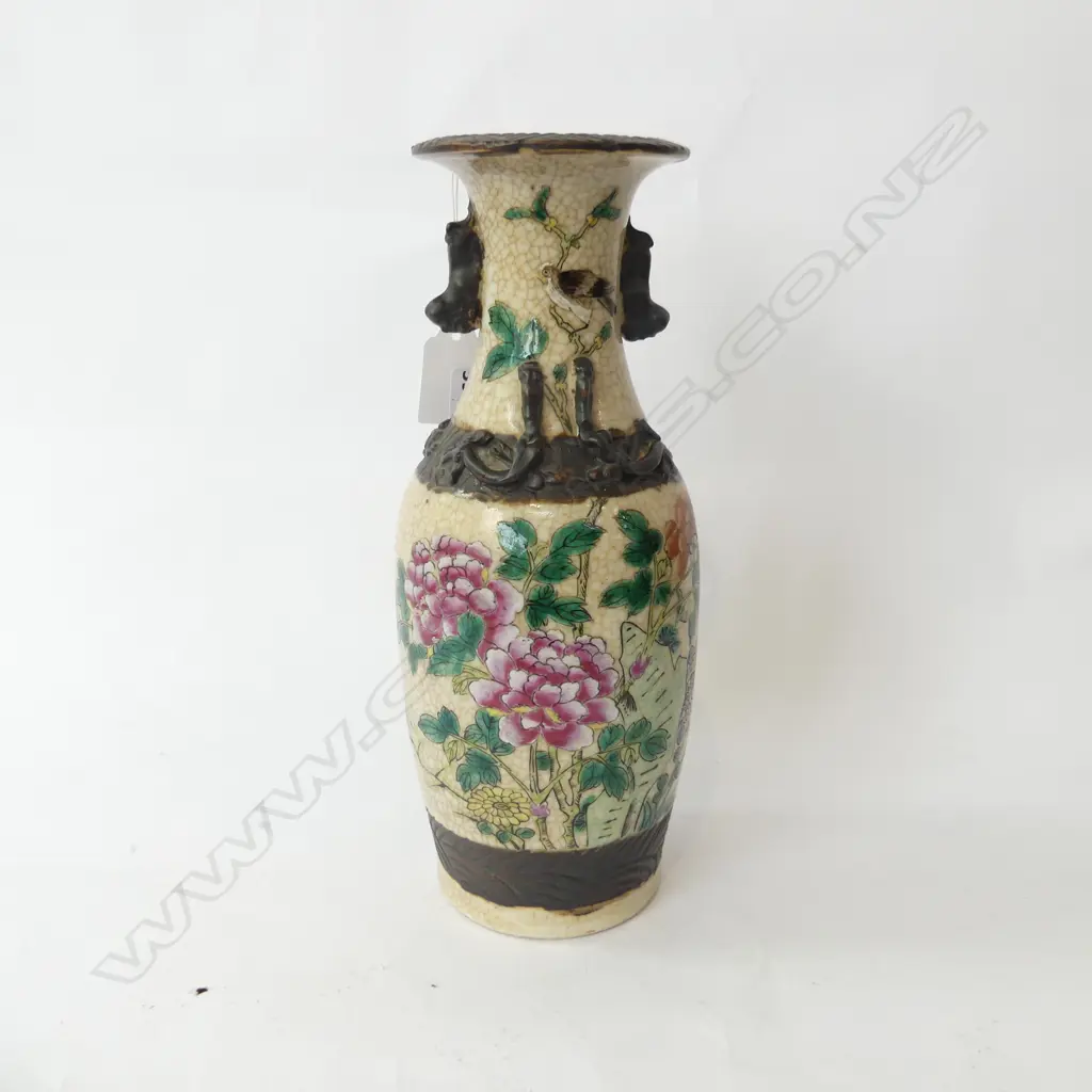 OLD ORIENTAL CRACKL GLAZE FLORAL VASE W METAL EMBELLISHMENTS, MARKS TO BASE, H.260mm Image 1++