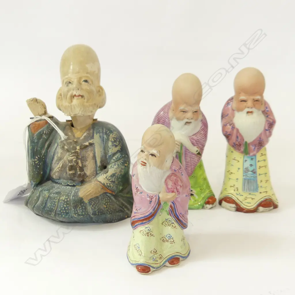 3 CERAMIC CHINESE SAGES & WISEMAN FIGURINE w. BOBBING HEAD & HAND H.125mm Image 1++