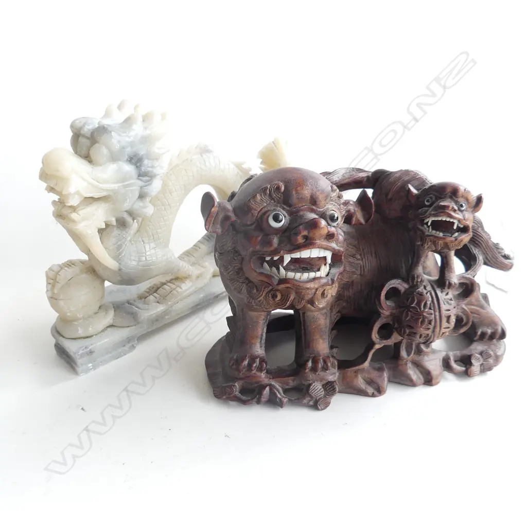 2 ORIENTAL CARVED DRAGON FIGURES; 1 WOODEN (L160mm) & 1 SOAPSTONE (L160mm) Image 1++