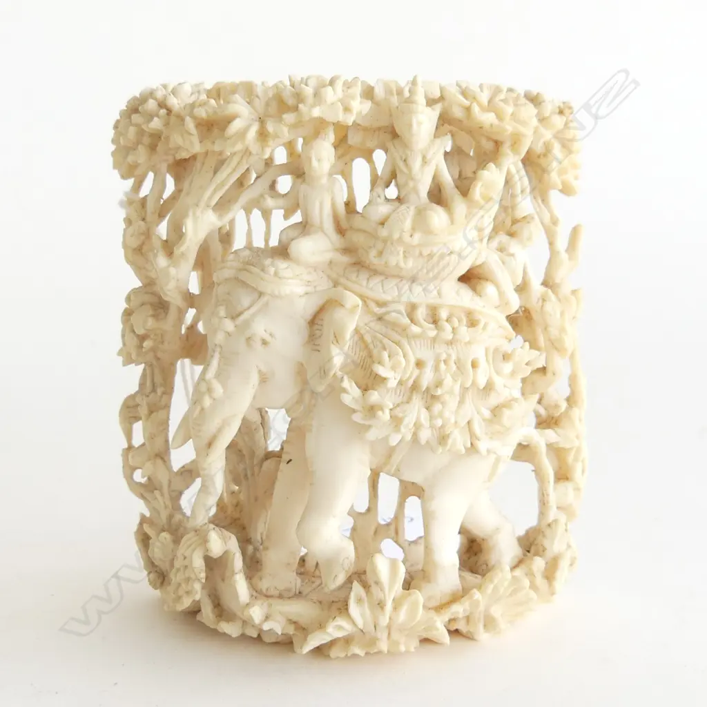 BURMESE CARVED IVORY TUSK SECTION; ELEPHANT & RIDERS H.90mm Image 1++