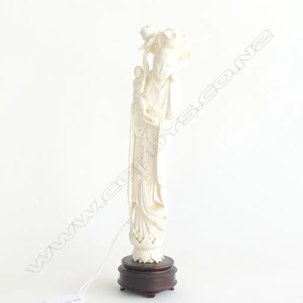 JAPANESE CARVED IVORY QUAN YIN w. CHILD ON DOUBLE LOTUS PLINTH BASE H.230mm (excl. stand) Image 1++