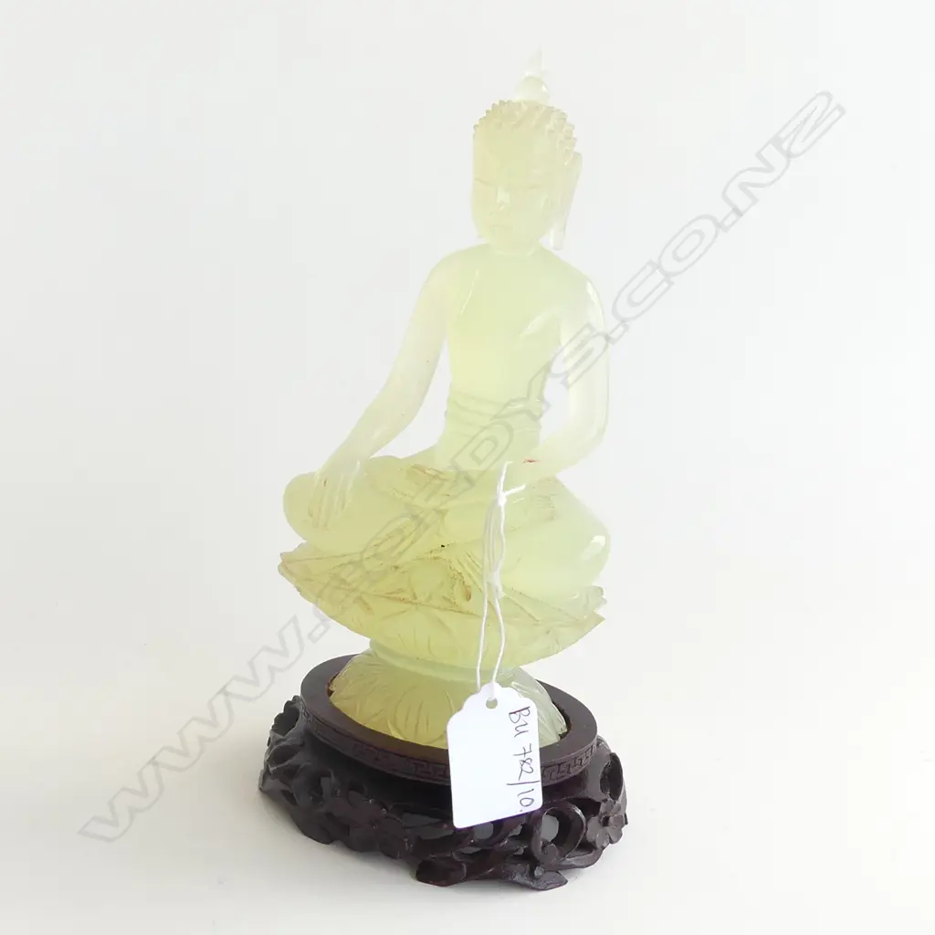 THAI CHRYSOPRASE BUDDHA IN  BHUMISPARSHA ON DOUBLED LOTUS STAND H.210mm Image 1++