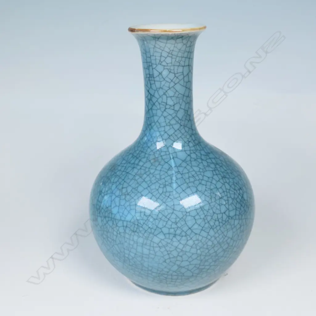 CHINESE MONOCHROME CRACKLED TEAL COLOURED BOTTLE VASE. H.160mm PROBABLY 20thC Image 1++