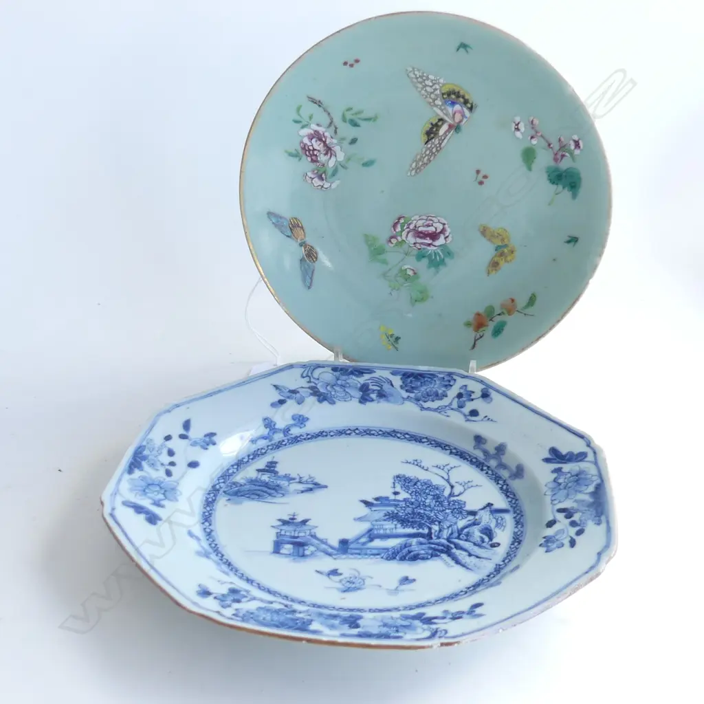 2 ORIENTAL PLATES; ANTIQUE B/W 220 dia / FAMILLE VERTE 195mm dia both with small chips Image 1++