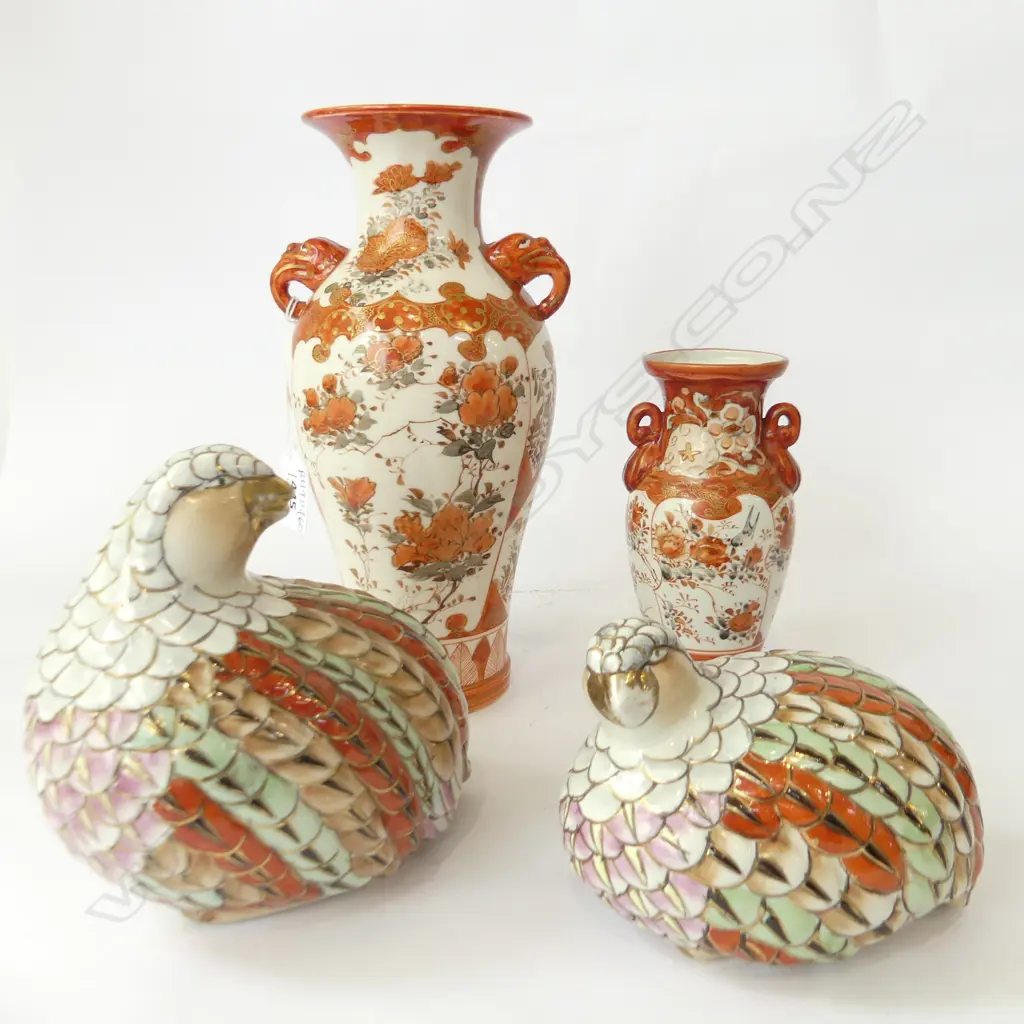 2 ORANGE KUTANI WARE VASES H.235mm & PR QUAIL Image 1++