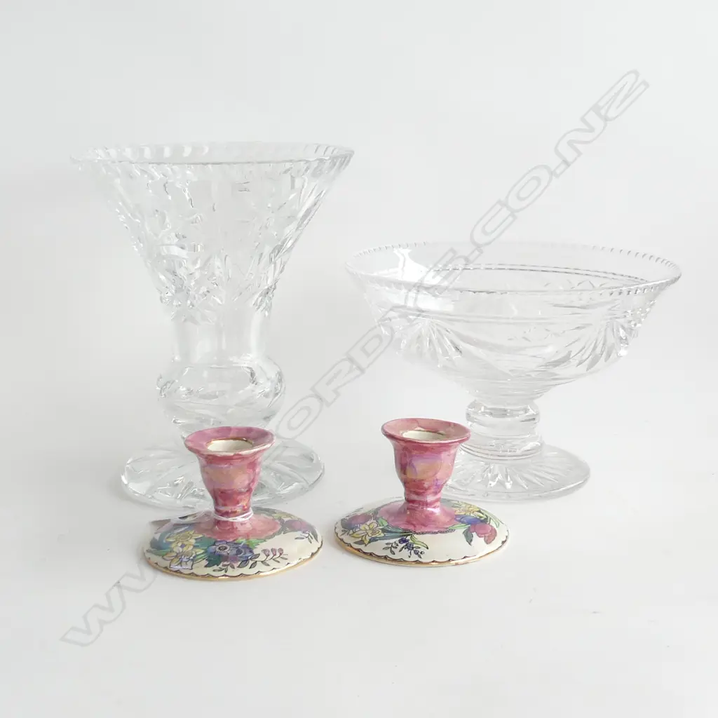 2 LGE VINTAGE CRYSTAL VASES H.210mm (rim chips to largest) & PR MALING LUSTRE CANDLEHOLDERS Image 1++