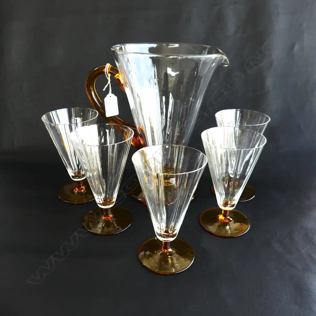 ART DECO PIMMS JUG & 5 AMBER STEMMED FLUTES, JUG H.245mm, SOME FAULTS Image 1++