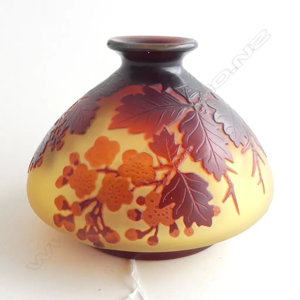Reproduction French Emile Galle Art Nouveau cameo glass vase of squat baluster shape decorated with red cyclamen flowers on a yellow ground Image 1++