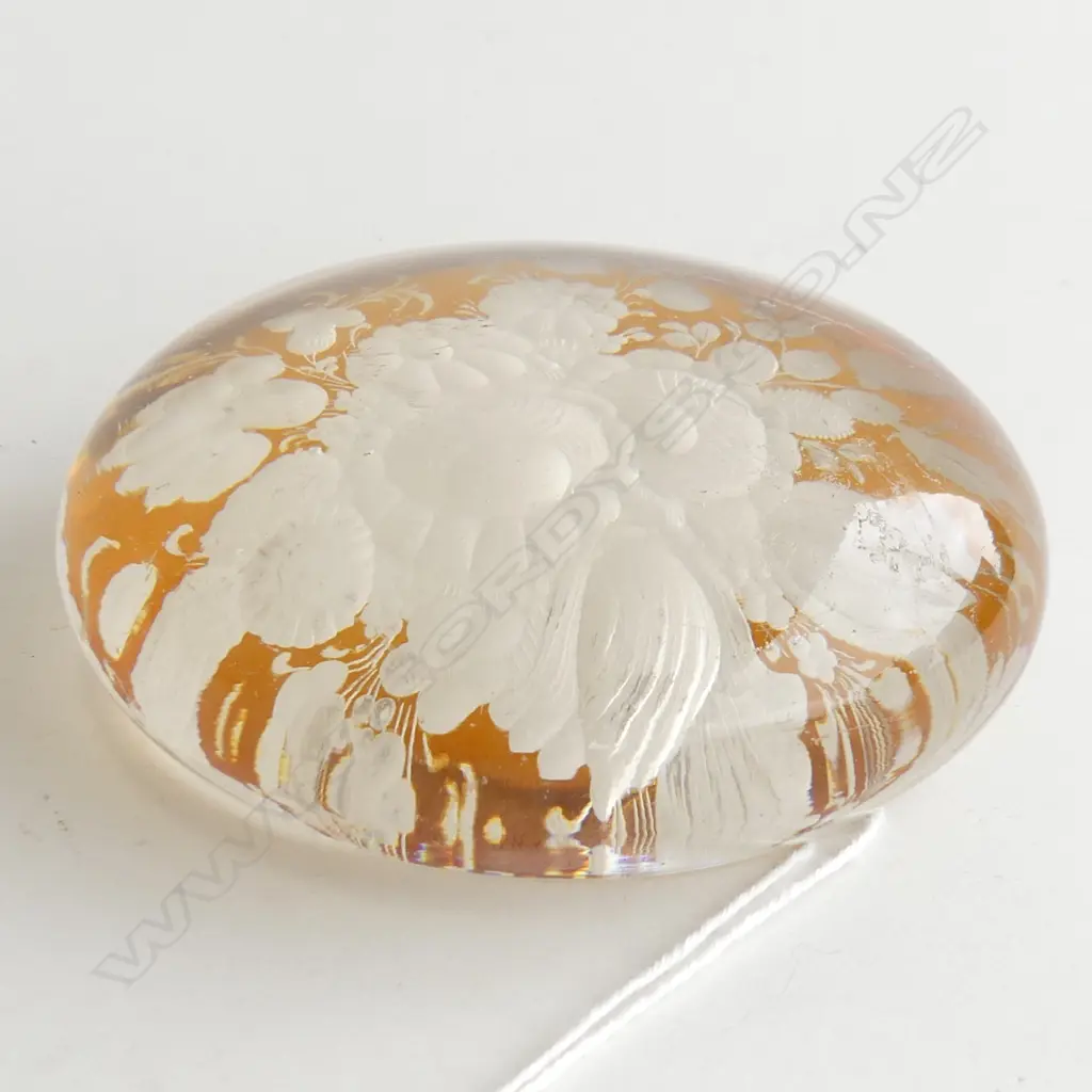 GLASS PAPER WEIGHT WITH FLORAL ETCHED BASE D 100mm Image 1++