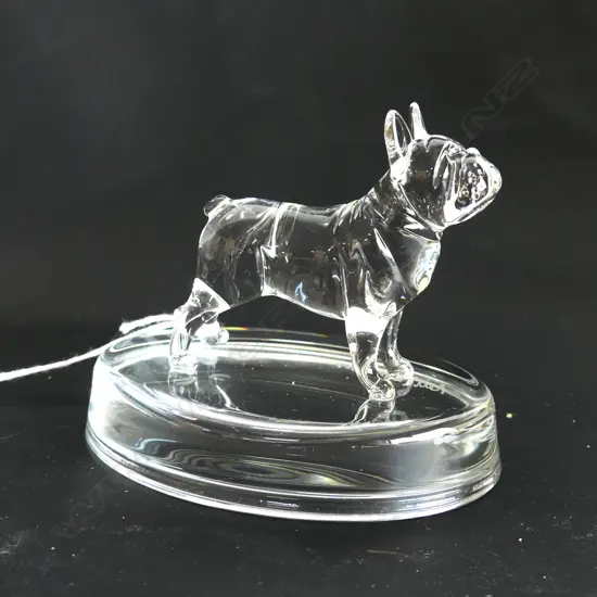 2 GLASS STATUETTES; FRENCH BULLDOG & PR BORDER COLLIES  - SIGNED & DATED 'NEIL HARRIS 2017 & 15'
