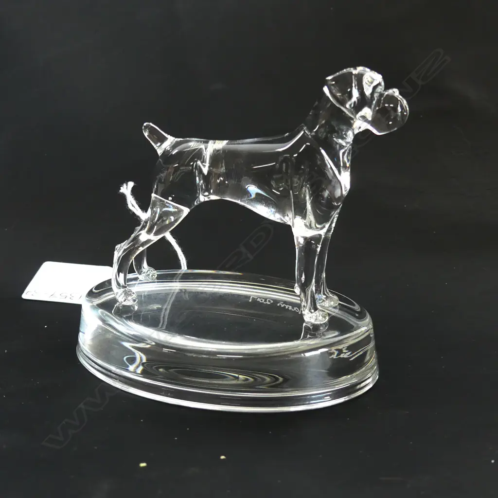 2 GLASS STATUETTES; BOXER & GERMAN SHEPHERD - SIGNED & DATED 'NEIL HARRIS 2017/16' Image 1++