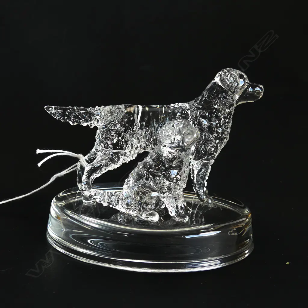 2 GLASS STATUETTES; 1 WITH PHEASANT & 1 WITH PUP,  SIGNED & DATED 'NEIL HARRIS 2016' Image 1++