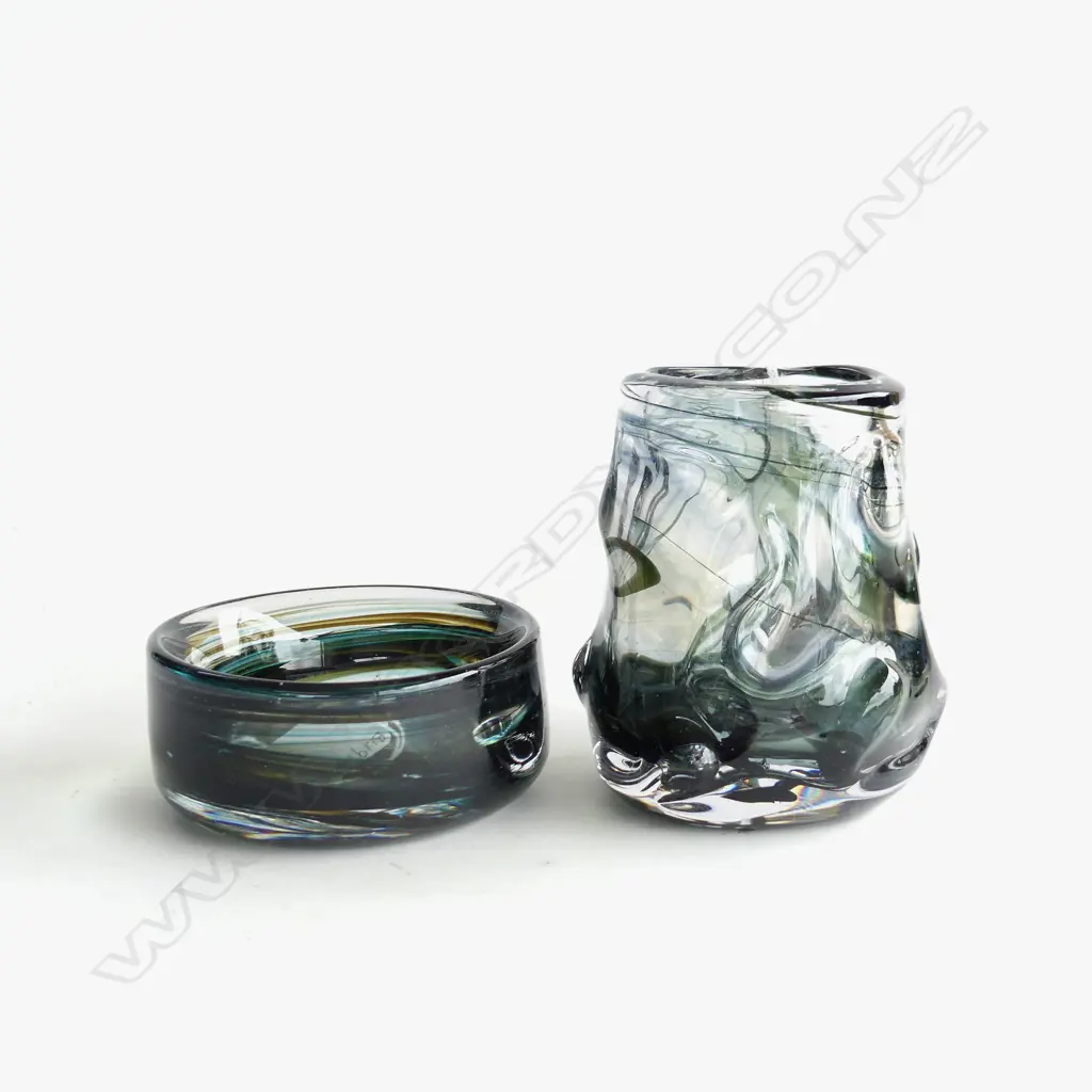 2 HEAVY WHITEFRIARS (?) GLASS PCS, KNOBBLY VASE (H135mm) & BOWL (Dia.122mm) Image 1++