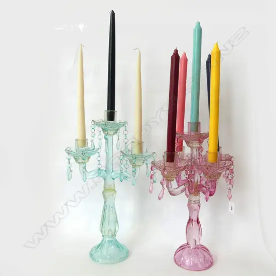 2 COLOURED GLASS CANDLESTICKS H.420mm