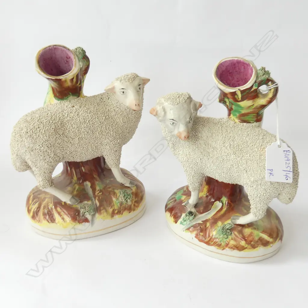 PR 19thC STAFFORDSHIRE SHEEP & RAM SPILL VASES H.190mm Image 1++