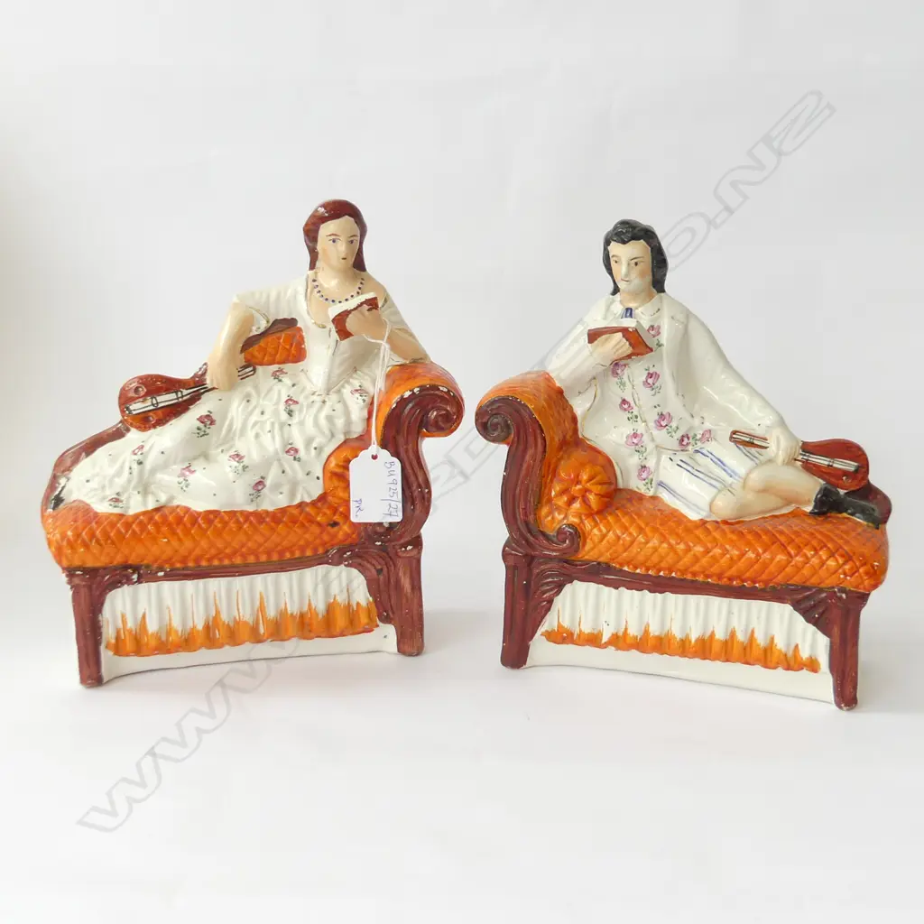 PR VICTORIAN FLATBACK STAFFORDSHIRE FIGURES; COUPLE RECLINING ON DAY BEDS W.200mm Image 1++