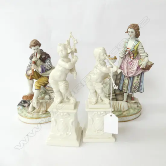 PR CAPODIMONTE FIGURES; BAGPIPER & SHEPHERDESS H.200mm + PR W. GERMAN PORCELAIN CHERUB MUSICIANS H.180mm