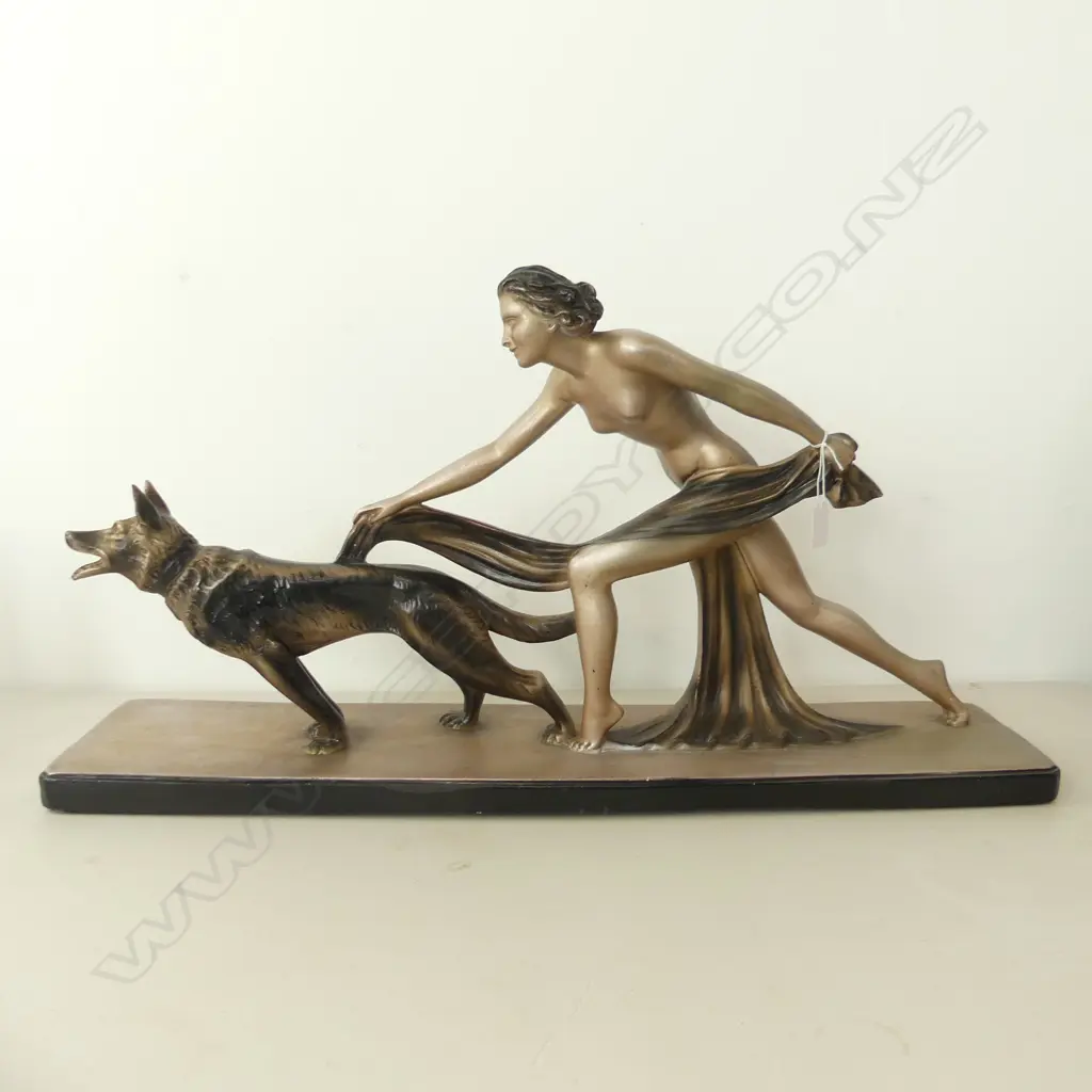 LGE ART DECO PLASTER FIGURE, NAKED WOMAN & ALSATION DOG, L.770mm Image 1++