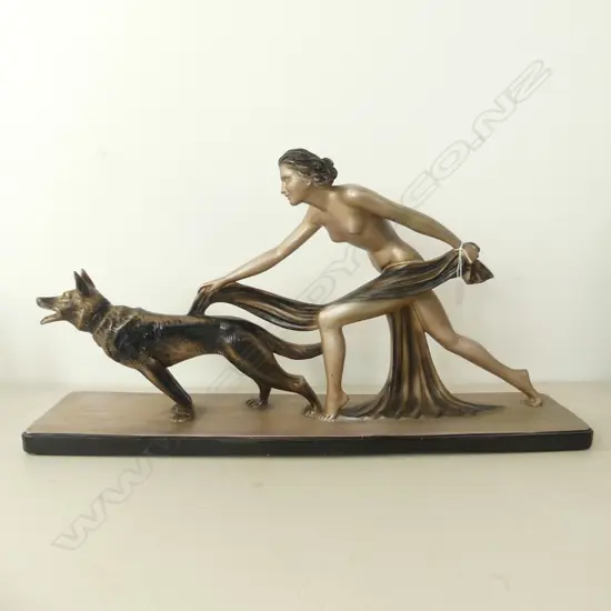 LGE ART DECO PLASTER FIGURE, NAKED WOMAN & ALSATION DOG, L.770mm