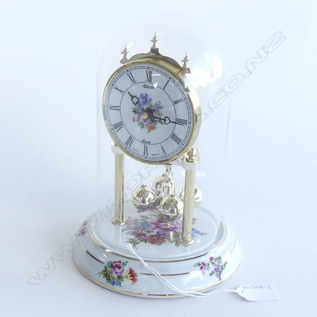 GERMAN HERMLE CLOCK WITH GLASS DOME & FLORAL PORCELAIN BASE H.240mm Image 1++