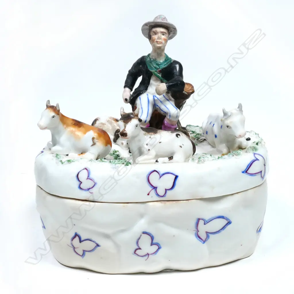 STAFFORDSHIRE? WHITE OVAL BUTTER BOX, FARMER & COWS, RESTORED, H.140mm Image 1++