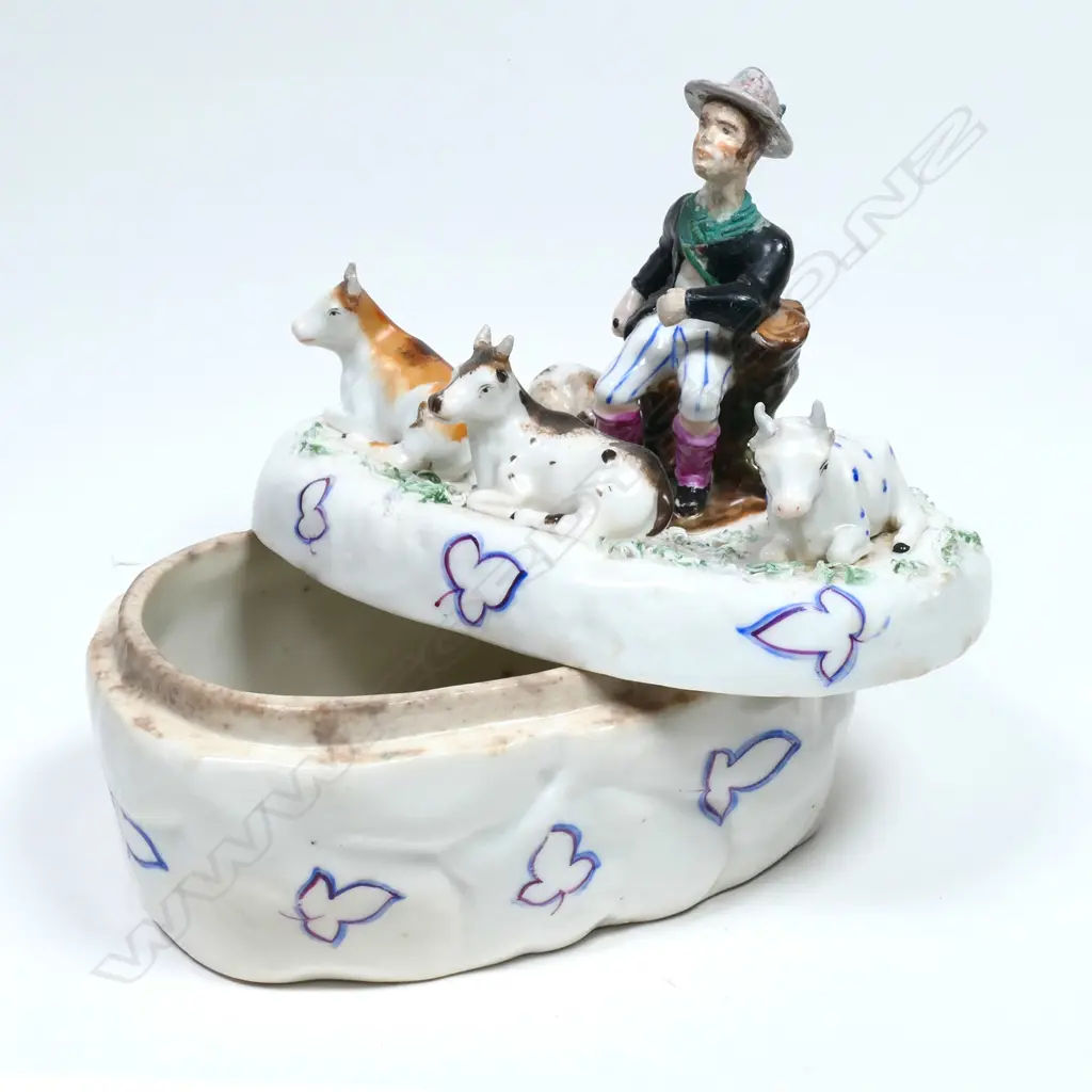 STAFFORDSHIRE? WHITE OVAL BUTTER BOX, FARMER & COWS, RESTORED, H.140mm Image 1++